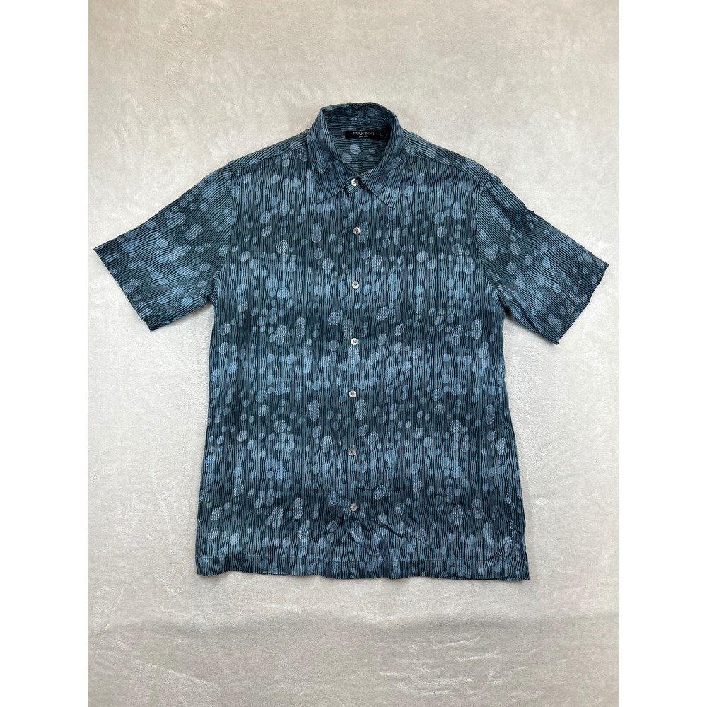 BRANDINI Pure Silk Shirt Mens S‎ Blue Short Sleeve Button Up